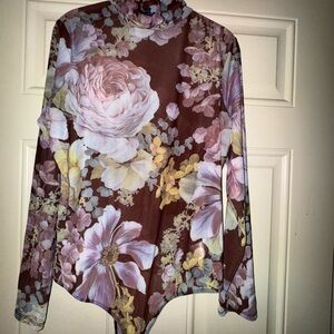 Express Floral Long Sleeve Bodysuit - Brown and Pink